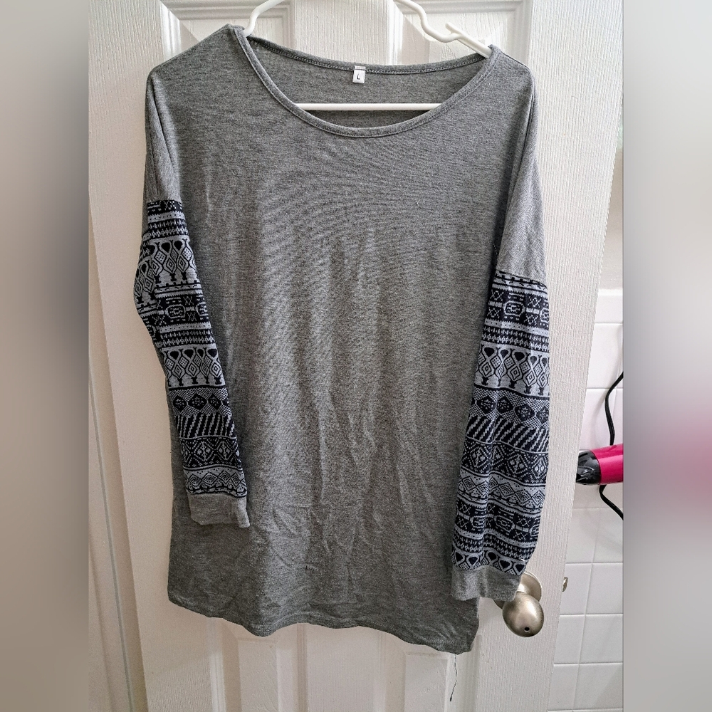 Gray Patterned Sleeve Women's Top